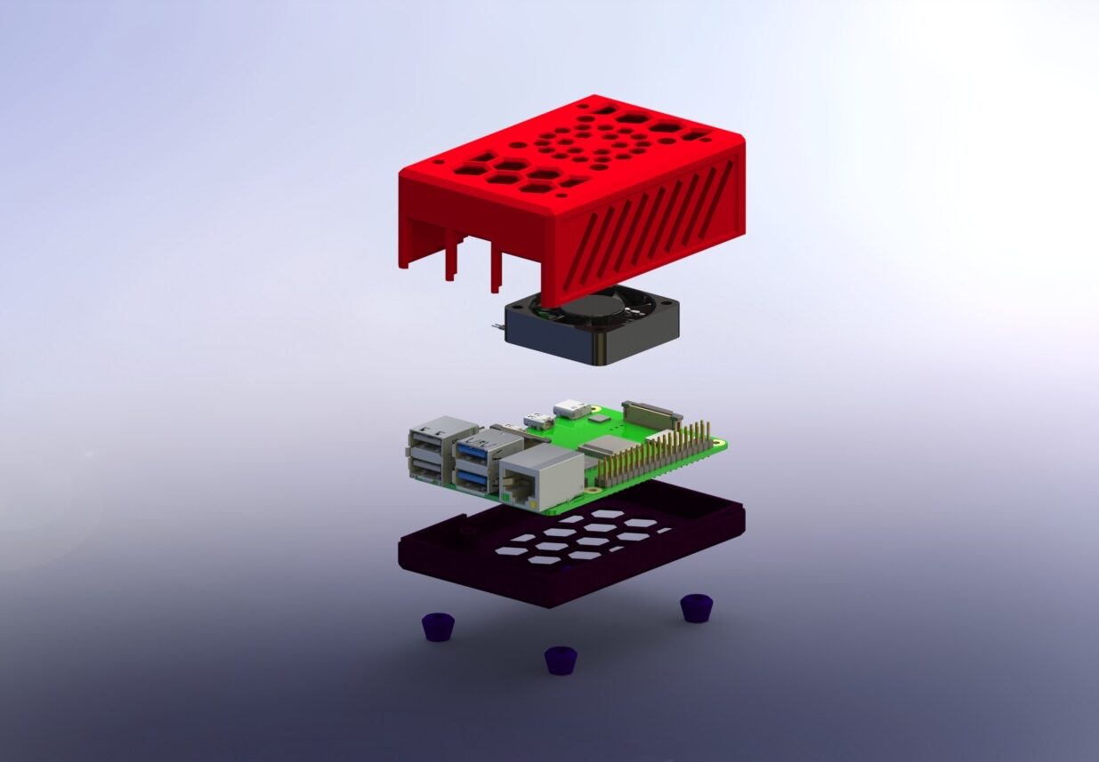 Különleges, egyedi mérnök által tervezett, 3D nyomtatott Raspberry Pi tok prototípusa, tervező programban.